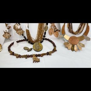 Vintage Boho Tribal Wood Glass Brass Necklaces Lot